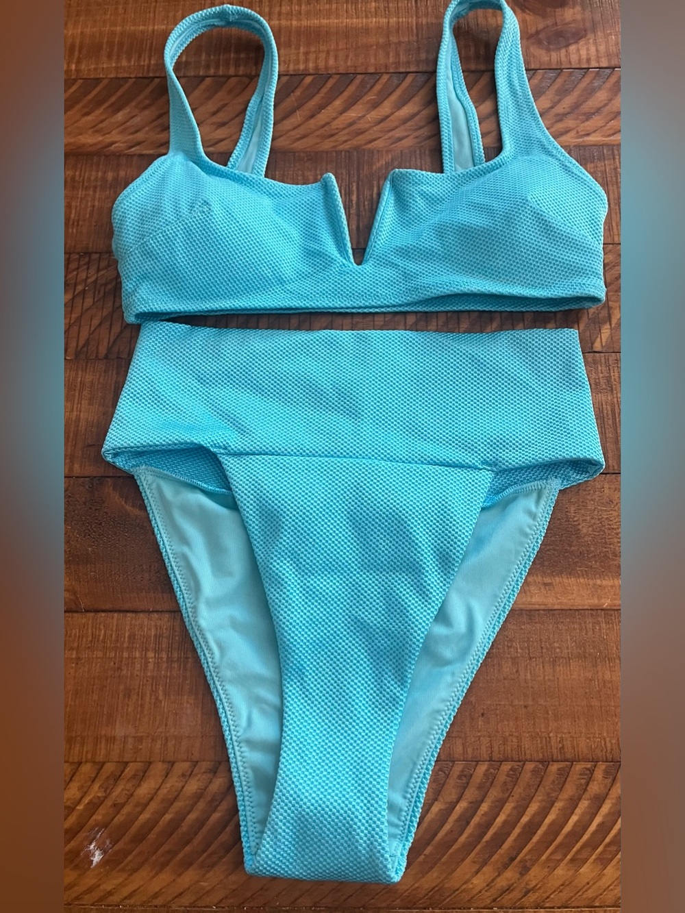 NWT Aerie FULL SET Shine Pique V Wire Top + High Waist Banded Bottom Blue - S